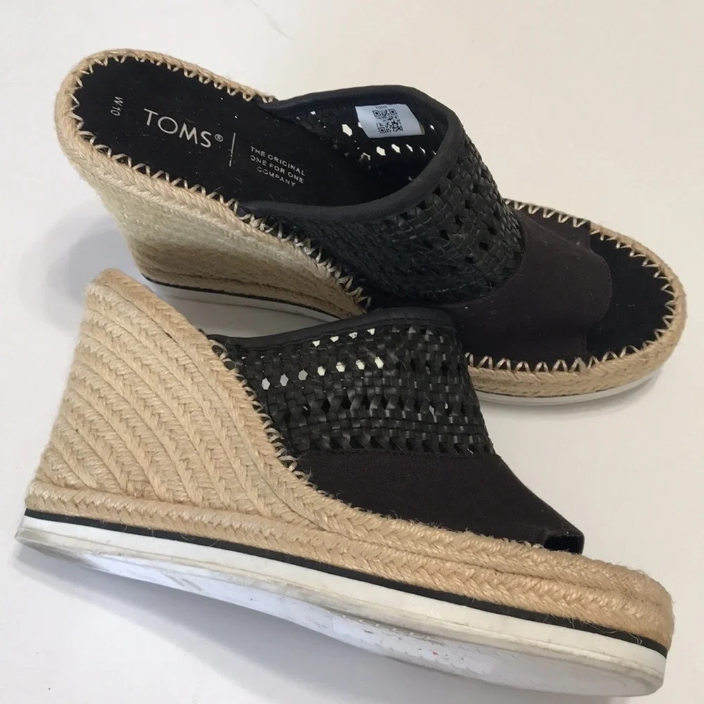 Toms espadrilles wedge platform canvas meal size 10 W black sandal